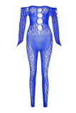 Blue Sexy Casual Solid Pierced Mesh Off the Shoulder Skinny Jumpsuits
