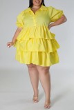 Желтая повседневная сплошная лоскутная юбка с отложным воротником и тортом Платья больших размеров