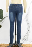 Jeans jeans regular azul escuro casual sólido rasgado cintura alta