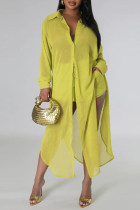 Green Yellow Sexy Solid Patchwork Buttons See-through Turndown Collar Long Sleeve Two Pieces(Without Underwear)