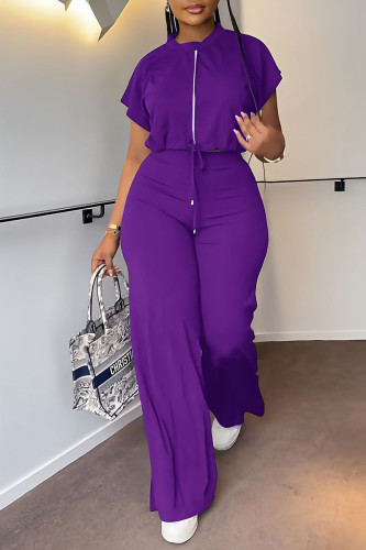 Purple Casual Solid Bandage Patchwork Zipper O Neck Short Sleeve Two Pieces