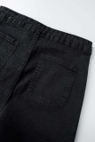 Schwarze, lässige, feste Patchwork-Jeansshorts mit hoher Taille und hoher Taille