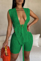 Green Sexy Solid Bandage Patchwork Asymmetrical Cardigan Collar Sleeveless Two Pieces Front Tie And Short Sets