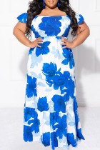 Blauwe casual print patchwork off-shoulder lange jurk Grote maten jurken