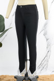 Zwarte casual effen kwastje patchwork normale spijkerbroek met hoge taille