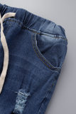 Diepblauwe casual effen gescheurde normale spijkerbroek met hoge taille