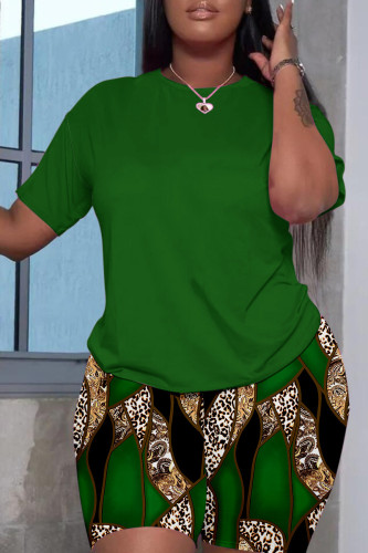 Green Rainbow Casual Print Basic O Neck Short Sleeve Two Pieces T-shirt Tops And Shorts Sets