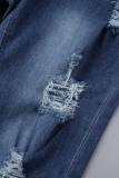 Jeans de mezclilla regulares de cintura alta rasgados sólidos informales azul profundo