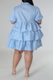 Ljusblå Casual Solid Patchwork Turndown-krage Cake Skirt Plus Size Klänningar