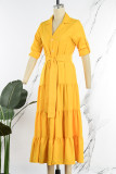Yellow Casual Solid Bandage Patchwork Buckle Turndown Collar Straight Dresses