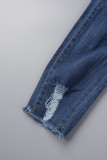 Diepblauwe casual effen gescheurde normale spijkerbroek met hoge taille