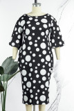 White Casual Dot Print Patchwork O Neck Long Sleeve Plus Size Dresses