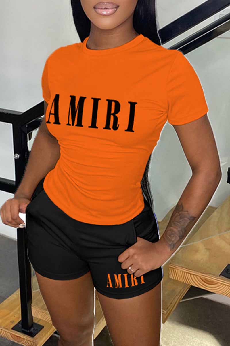 

Orange Casual Print Letter O Neck Short Sleeve Two Pieces