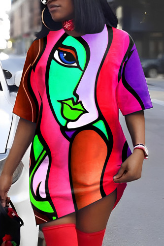Multicolor Casual Print Patchwork V Neck Short Sleeve Dress