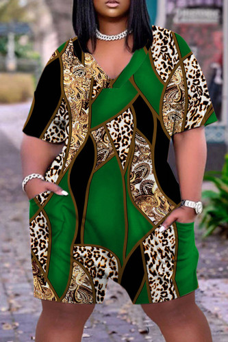 Green Casual Print Basic V Neck Regular Romper