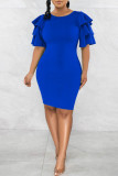 ブルー カジュアル ソリッド パッチワーク Oネック ワンステップ スカート ドレス