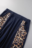 Azul profundo casual estampado leopardo patchwork cuello redondo manga corta dos piezas