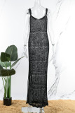 Robe longue noire sexy à bretelles spaghetti fendue dos nu solide