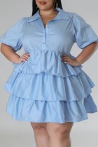 Светло-голубая повседневная сплошная лоскутная юбка с отложным воротником и тортом Платья больших размеров
