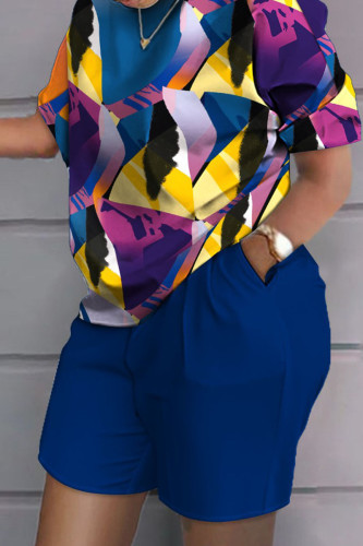 Tibetan Blue Casual Street Print Patchwork O Neck Two Pieces