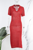 Röd Sexig Casual Solid urholkad V-ringad kortärmad klänning