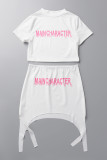 White Sexy Letter Print Basic O Neck Short Sleeve Two Pieces