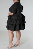 Red Casual Solid Patchwork Turndown Collar Cake Skirt Plus Size Dresses