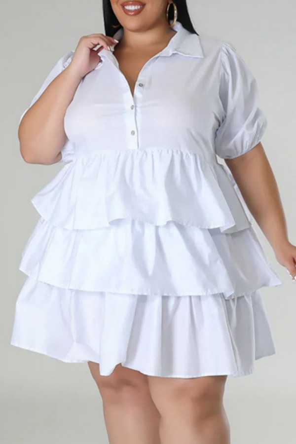 ホワイトカジュアルソリッドパッチワークターンダウンカラーケーキスカートプラスサイズドレス