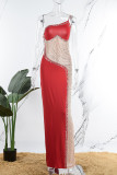 Vestiti lunghi dal vestito lungo dalla cinghia di spaghetti senza schienale trasparente di perforazione calda rossa della rappezzatura
