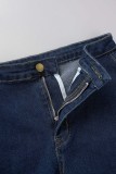 Темно-синие повседневные однотонные узкие джинсовые шорты с высокой талией в технике пэчворк