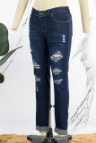 Jeans skinny skinny casual profundo azul sólido rasgado cintura média