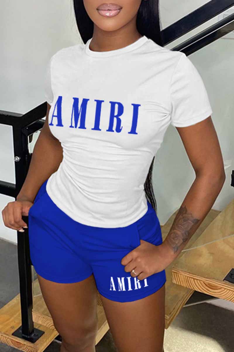 

White Blue Casual Print Letter O Neck Short Sleeve Two Pieces