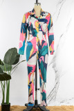 Multicolor Casual Print Bandage Patchwork Buckle Asymmetrical Turndown Collar Long Sleeve Two Pieces