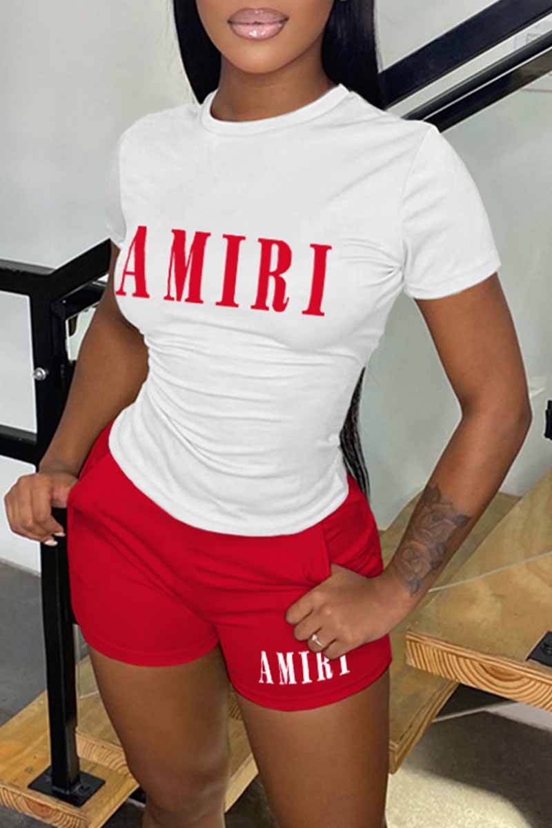 

White Red Casual Print Letter O Neck Short Sleeve Two Pieces