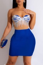 ブルーのセクシーなパッチワークバックレスストラップレスラップスカートドレス