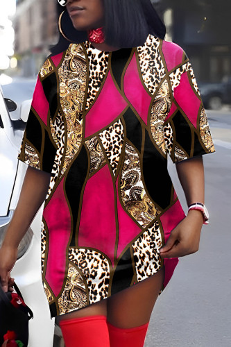 Rose Red Casual Print Patchwork V Neck Short Sleeve Dress