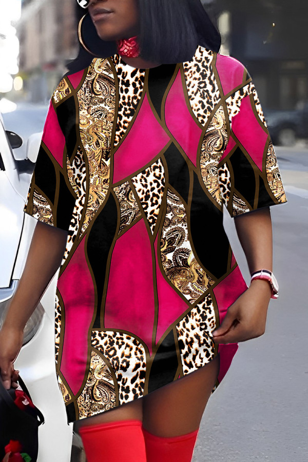 Rose Red Casual Print Patchwork V Neck Short Sleeve Dress