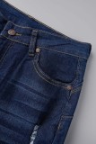 Diepblauwe casual, effen gescheurde skinny jeans met halfhoge taille