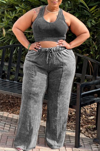 Black Gray Casual Solid Vests Pants O Neck Plus Size Two Pieces