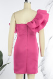 ピンクのセクシーなソリッド パッチワーク フラウンス ボウ オブリーク カラー イブニング ドレス ドレス