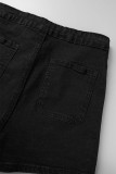 Short jeans skinny preto casual patchwork cintura alta