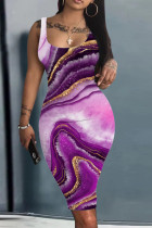 Пурпурное Повседневное Базовое платье-майка с принтом и U-образным вырезом Платья