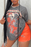 Grey Casual Print Skull Patchwork O Neck T-Shirts