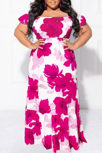 Purple Casual Print Patchwork Off the Shoulder Long Dress Plus Size Dresses