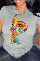 Grijze casual T-shirts met dagelijkse print en patchwork O-hals