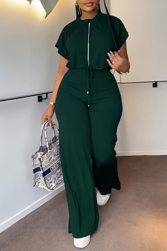 Green Casual Solid Bandage Patchwork Zipper O Neck Short Sleeve Two Pieces
