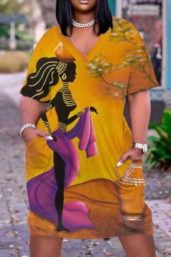 Yellow Casual Print Patchwork V Neck Straight Dresses