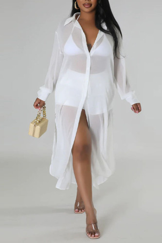 Blanc Sexy Solide Patchwork Boutons Col Rabattu Transparent Manches Longues Deux Pièces (Sans Sous-Vêtements)