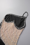 Розовое сексуальное лоскутное горячее сверление прозрачное длинное платье с открытой спиной и бретелями