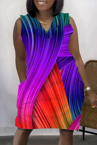 Fuchsia Casual Print Patchwork V Neck Sleeveless Dress Dresses
